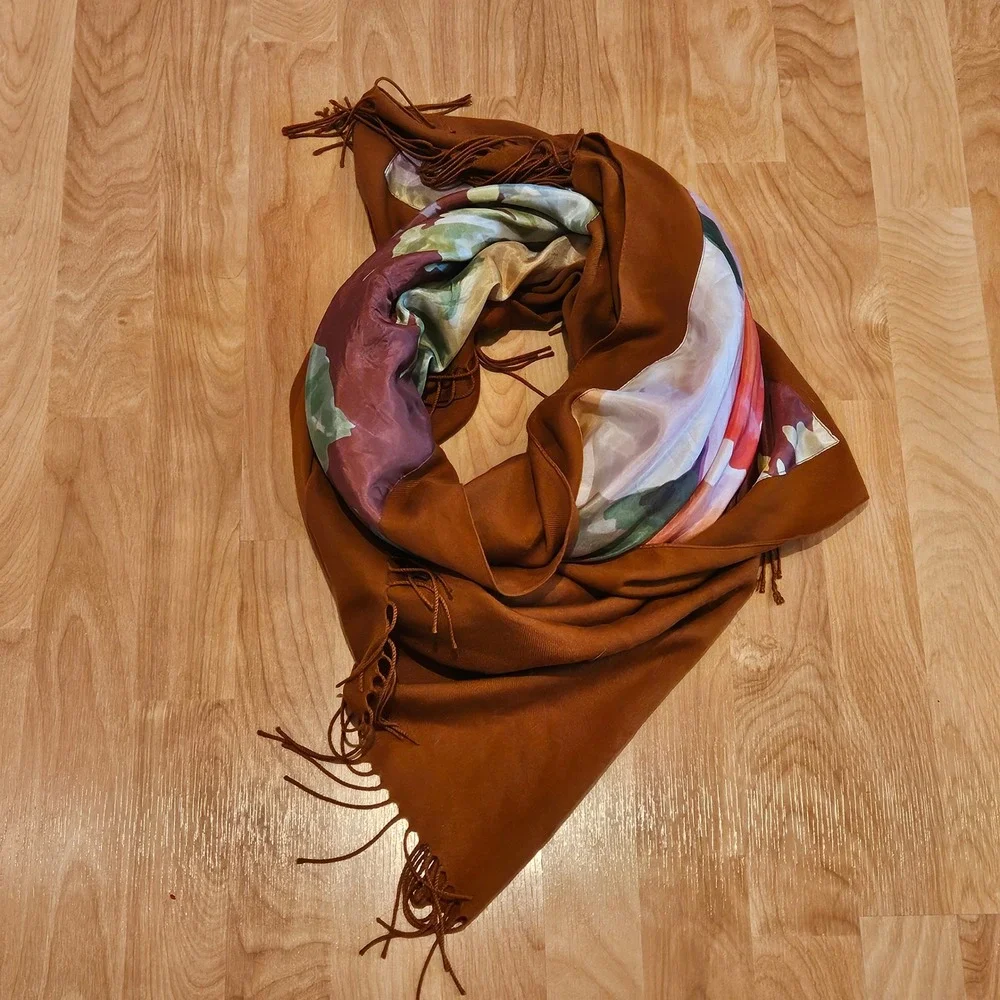 Pashmina Floral Silk Panel Shawl Wrap Womens OS Brown Fringe Made in Italy